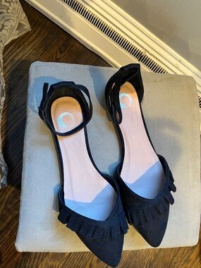 Black Pointed-Toe Ankle Strap Flats - Women